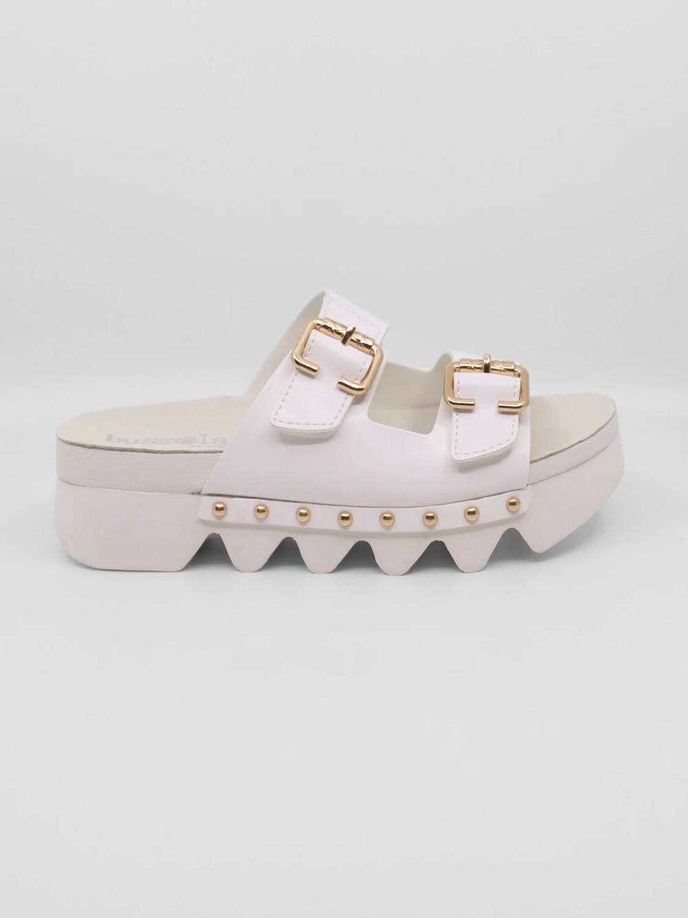 NEW BUSSOLA women's cleopatra platform slide sandals in bright white vachetta